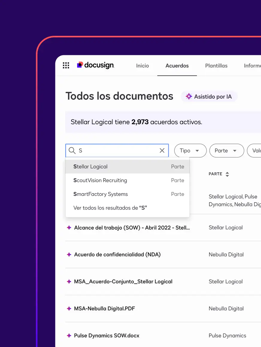 Una pantalla en Docusign Navigator muestra a un usuario ingresando un término de búsqueda en la barra de búsqueda para encontrar un documento.