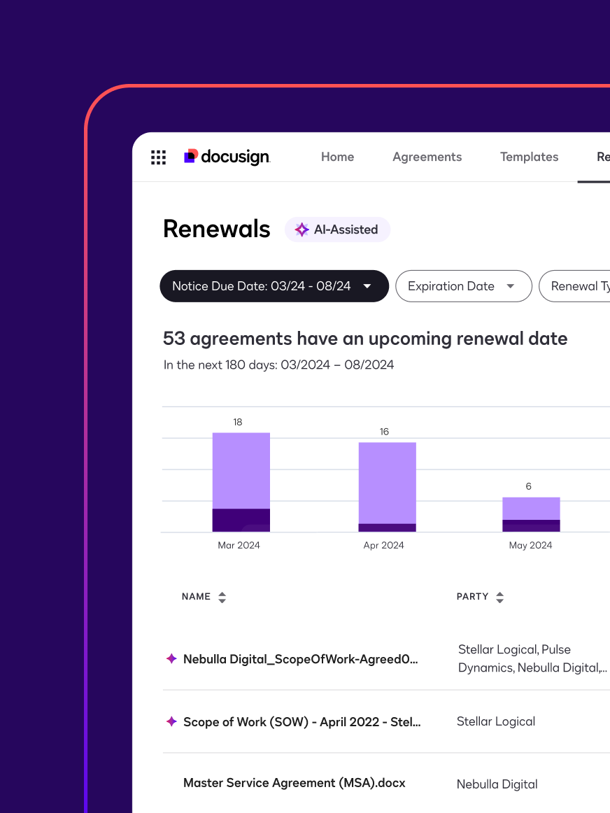 An AI-assisted dashboard of insights displays agreements with upcoming renewal dates.