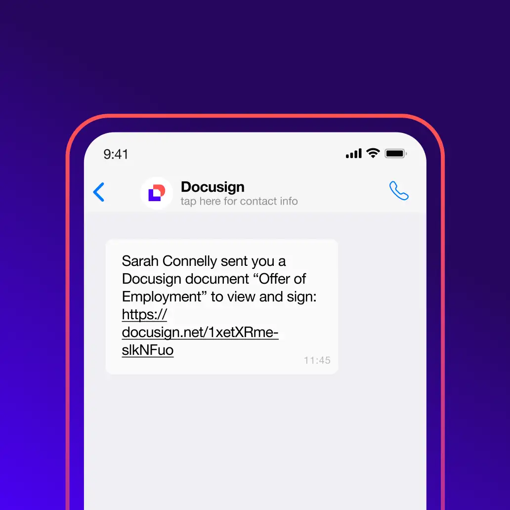 A text message containing a Docusign document "Offer of Employment"
