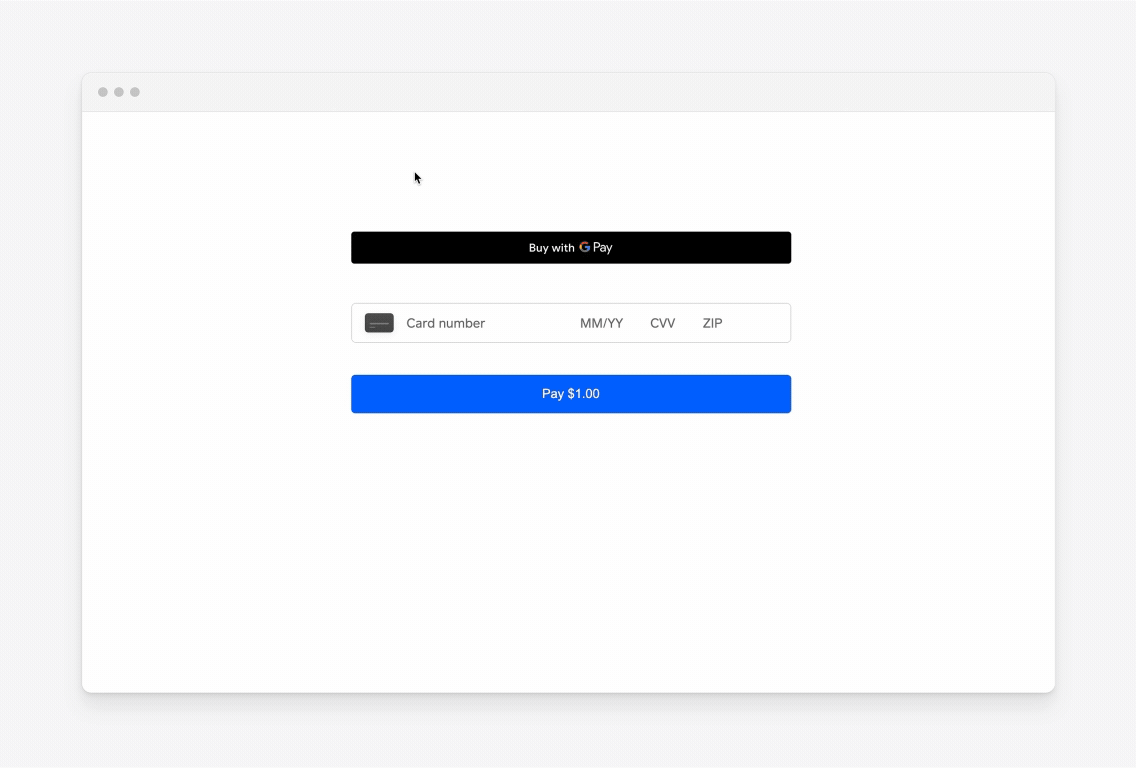 An animation showing a Google Pay transaction, with Expedited Shipping and a new address being selected.