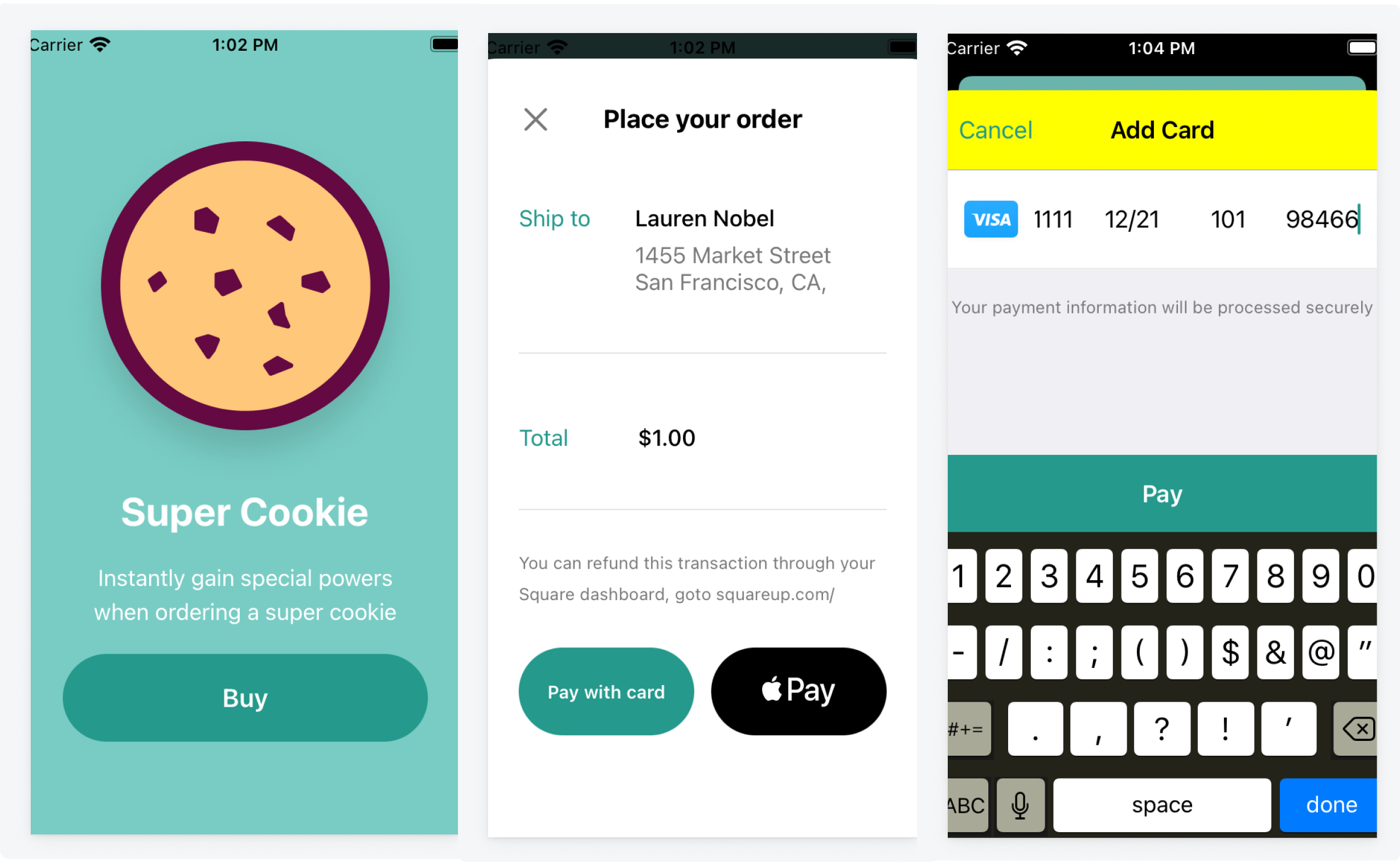 A graphic showing the buyer a Swift input fragment in the second screen of the Super Cookie Quickstart application.