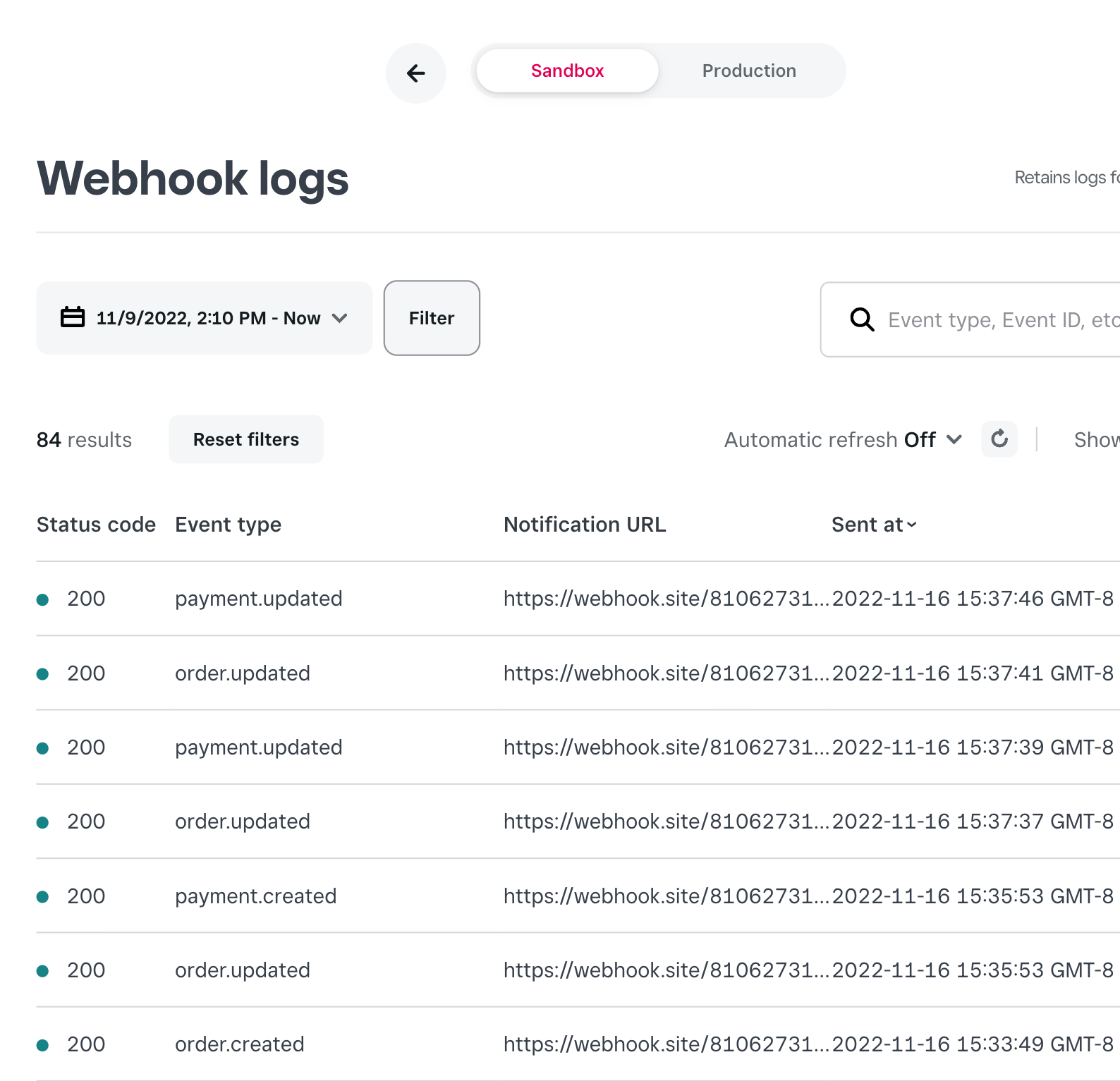 An image of the Developer Console webhook logger showing order and payment events.