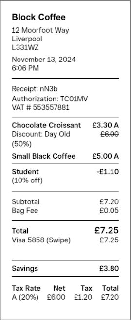 A digital screenshot of an itemized receipt listing coffee and croissant purchases, along with discounts and service charges.