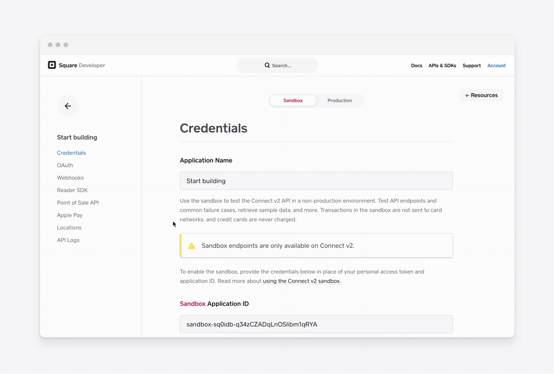 An animation showing the process for getting application credentials and location ID in the Developer Console.