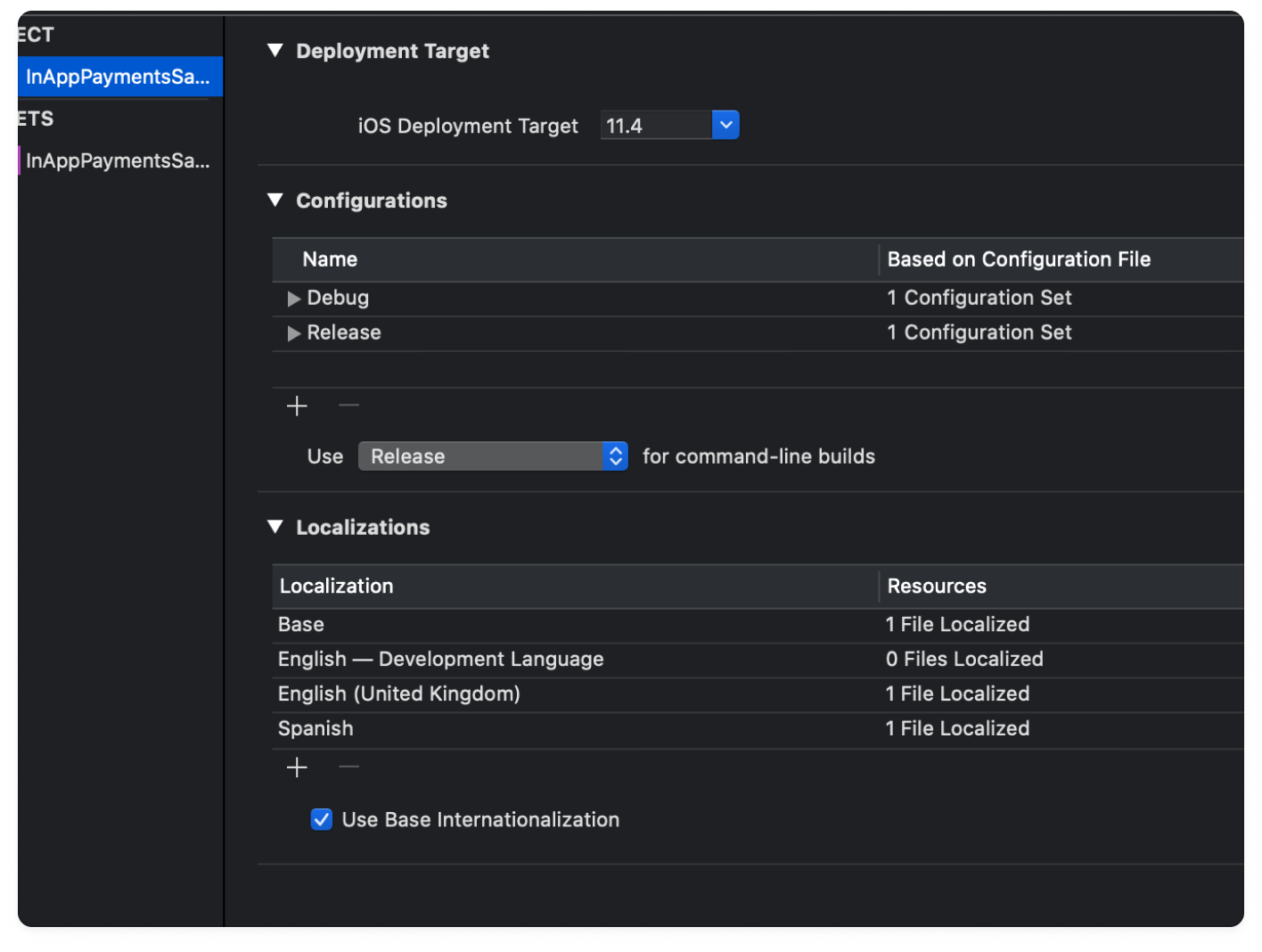 A graphic showing the XCode Info tab, where you can add a localization for each language supported by the SDK.