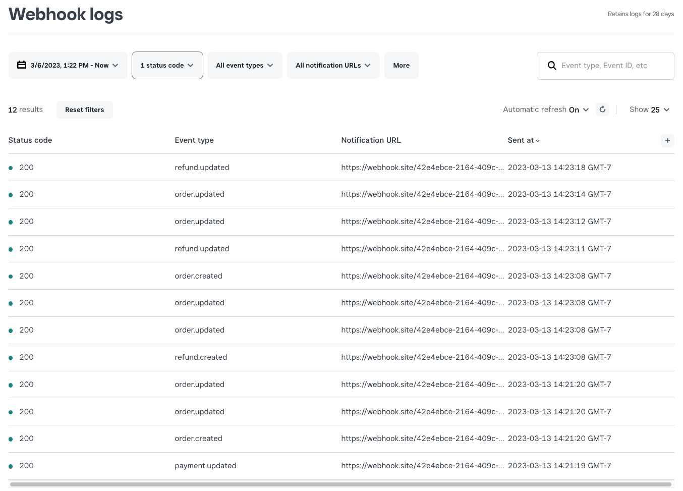 An image of the Developer Console webhook log showing payment and refund webhook events.
