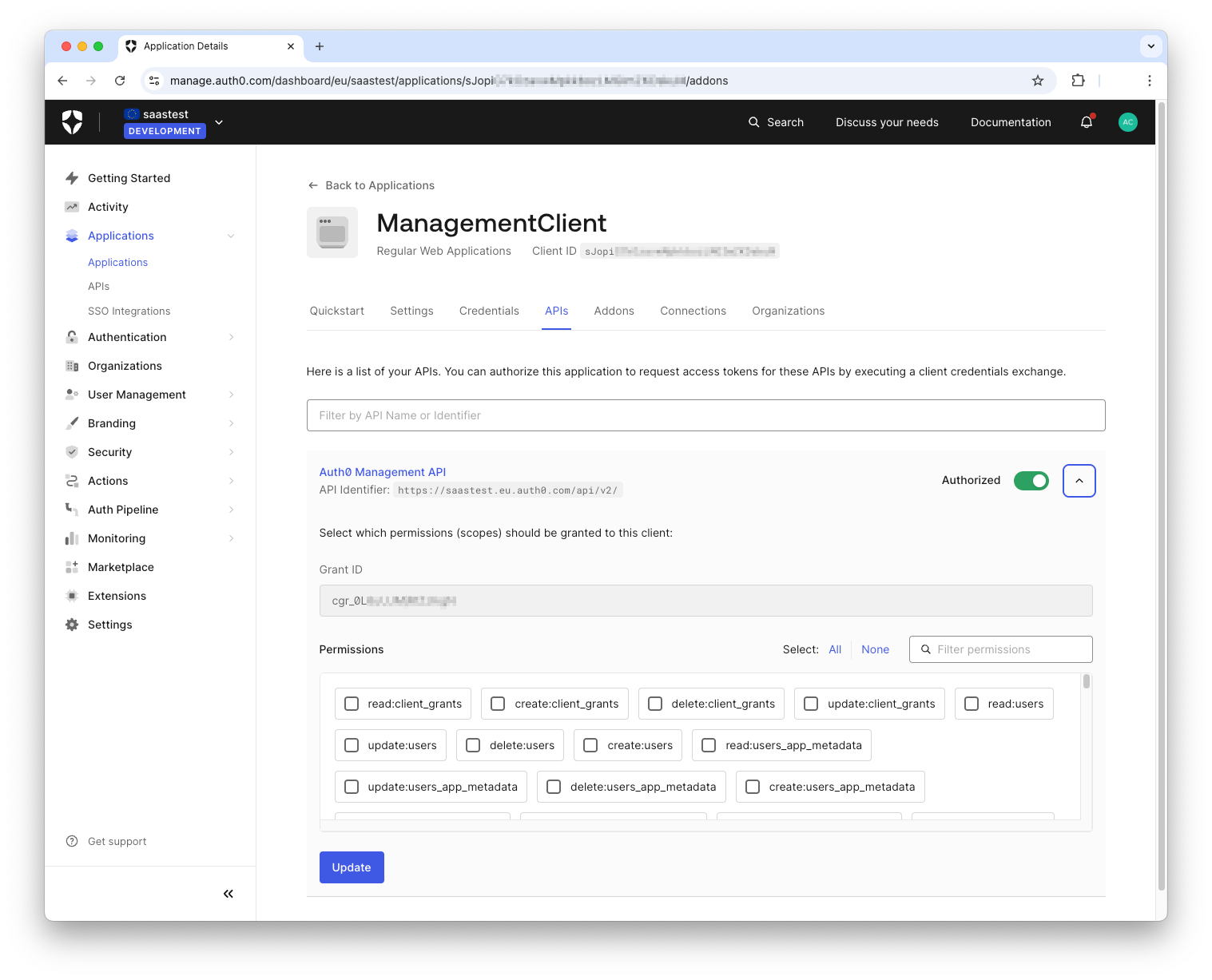 Authorize the management API client