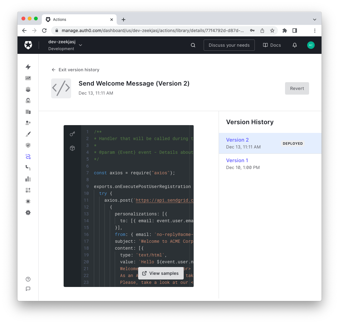Auth0 Action version history