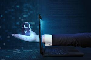 A hand holding a safety lock reaches through a tablet into the zero trust security space.