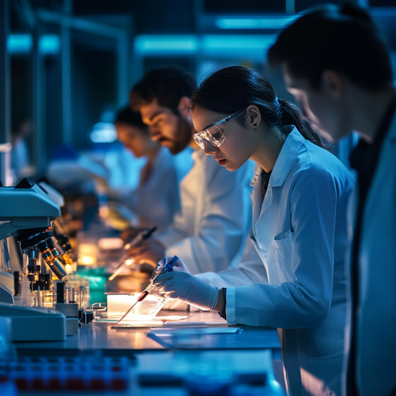 A bunch of people working together at a biotech startup company