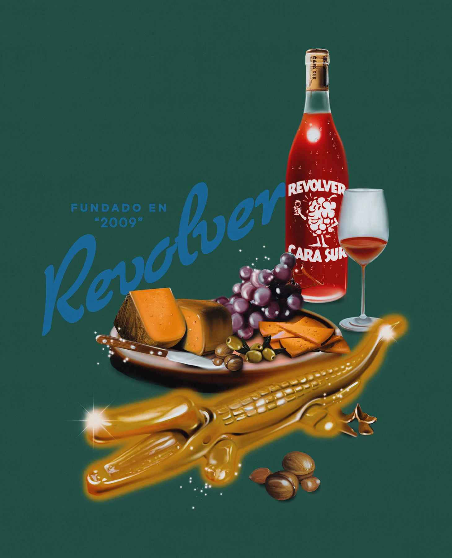 An illustration for a t-shirt of a typical appetizer from Argentina—Cold cuts, cheese, a wine and a nutcracker in the shape of a crocodile.