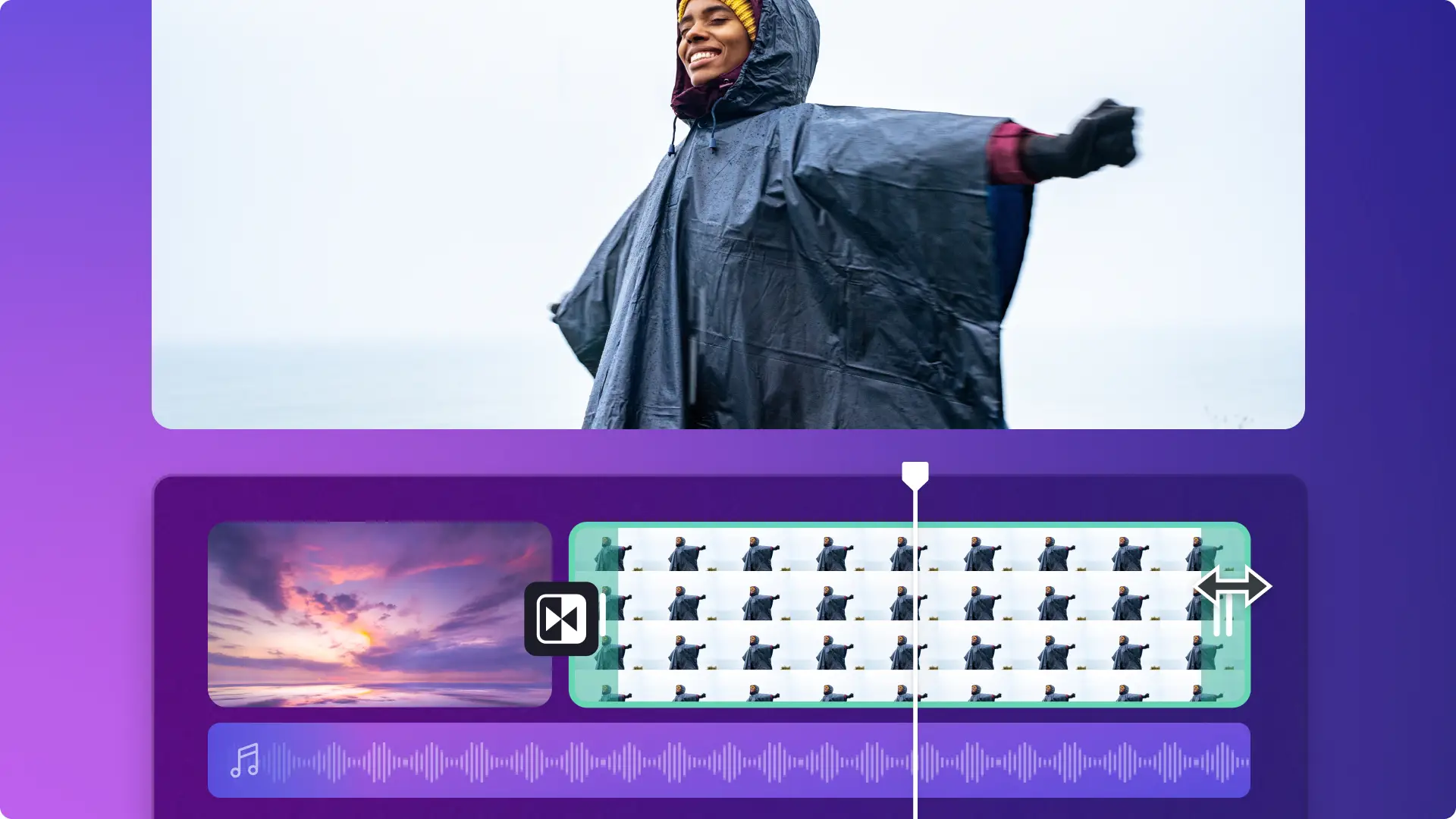 Imagem abstrata do criador de montagem de vídeo no Clipchamp mostrando clipes de vídeo, transições e música na linha do tempo de edição de vídeo.