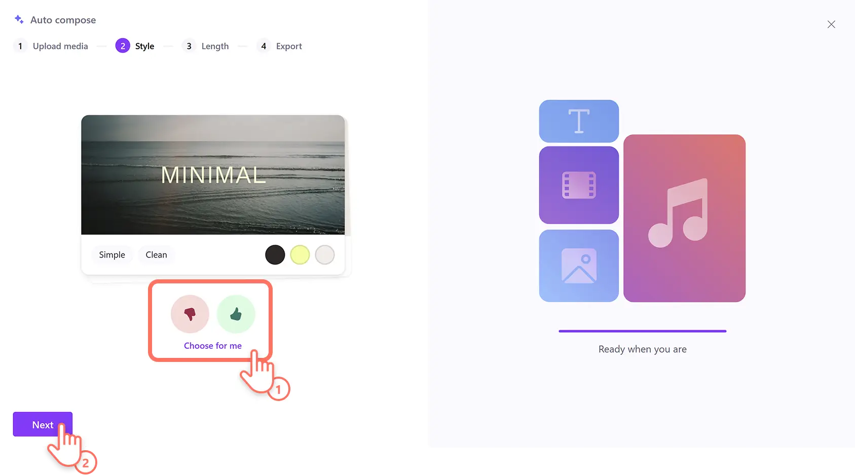 Usuário escolhendo um estilo de vídeo e usando a composição automática de IA no editor de vídeo Clipchamp.