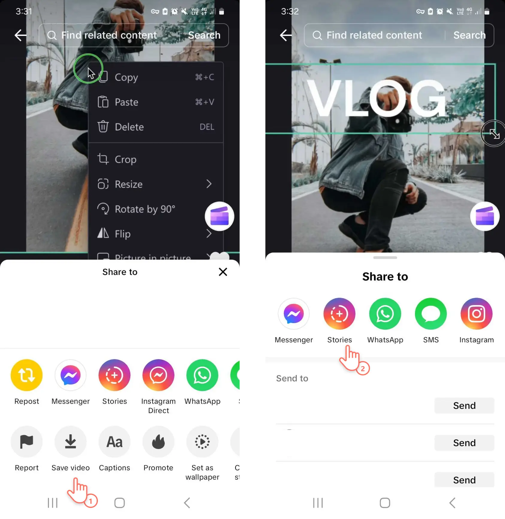 Uma imagem de um usuário do Clipchamp salvando um vídeo do TikTok e compartilhando diretamente nos Stories do Instagram.