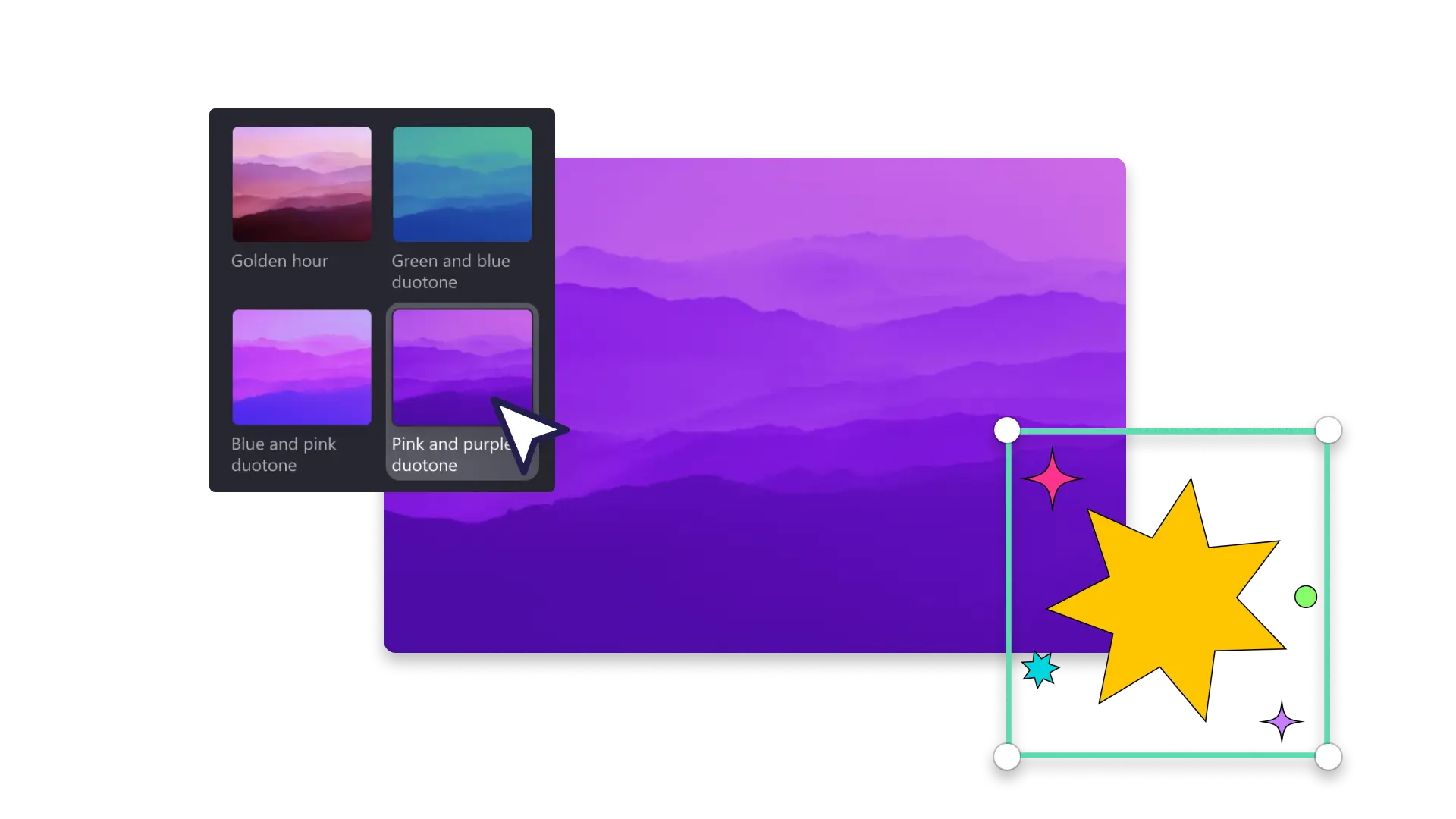 Imagem representando os filtros de vídeo e as figurinhas do Clipchamp.