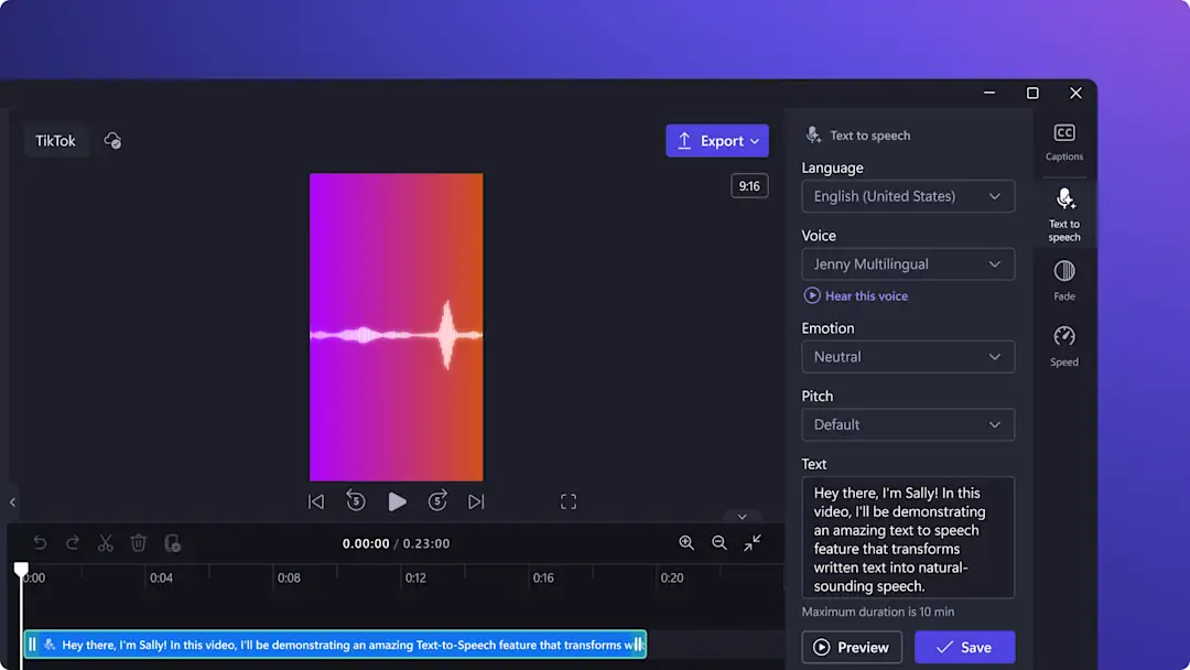Clipchamp’te seslendirme özelliğini gösteren bir resim.