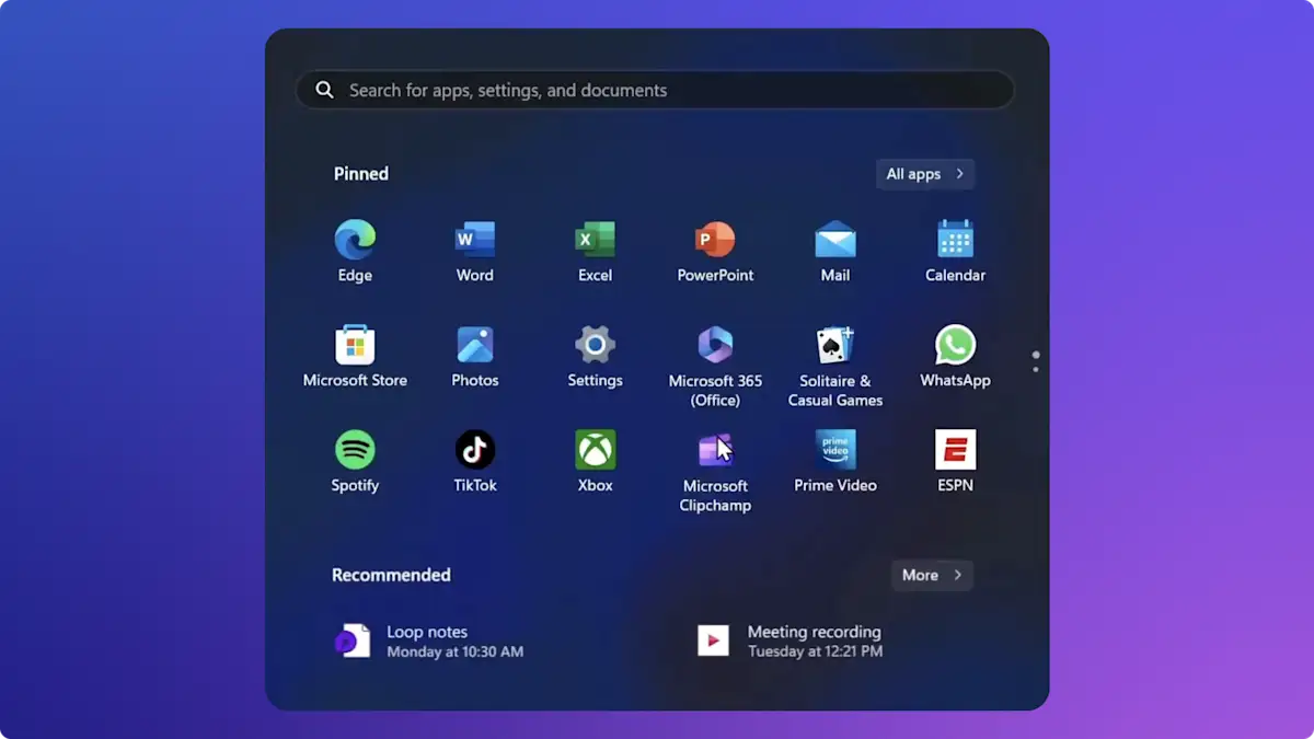 En bild av Start-menyn i Windows 11 som visar Clipchamp-logotypen
