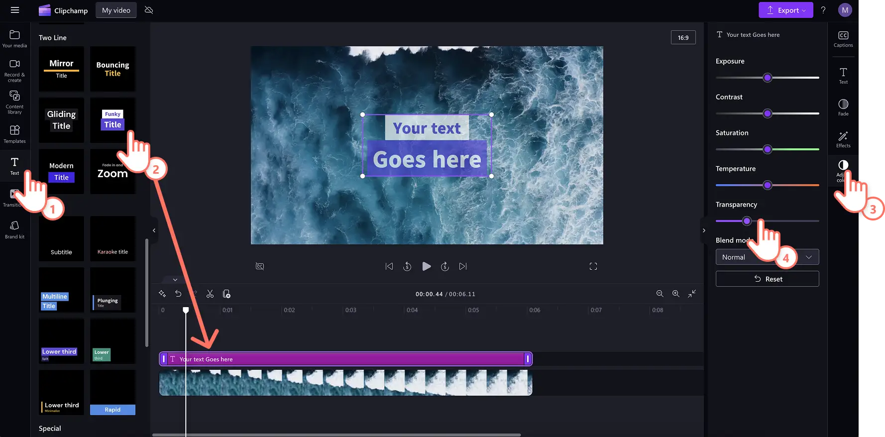 Käyttäjä on Säädä värejä -välilehdellä Clipchampissa.