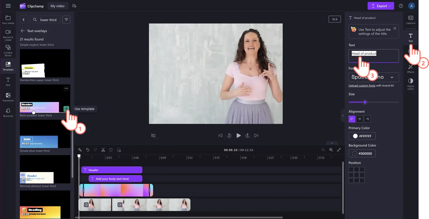 An image of a user adding the lower third template to the timeline.