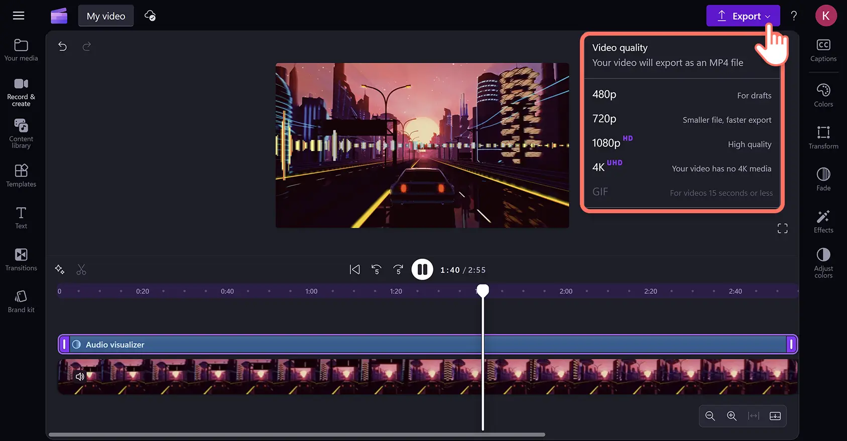 Seorang pengguna mengeksport video pentampak muzik dalam editor video Clipchamp.