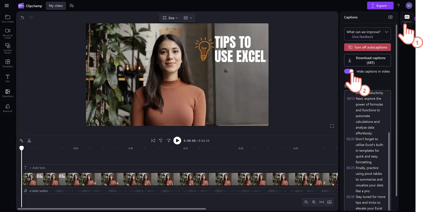 Käyttäjä piilottaa automaattisen tekstityksen Clipchampissa.