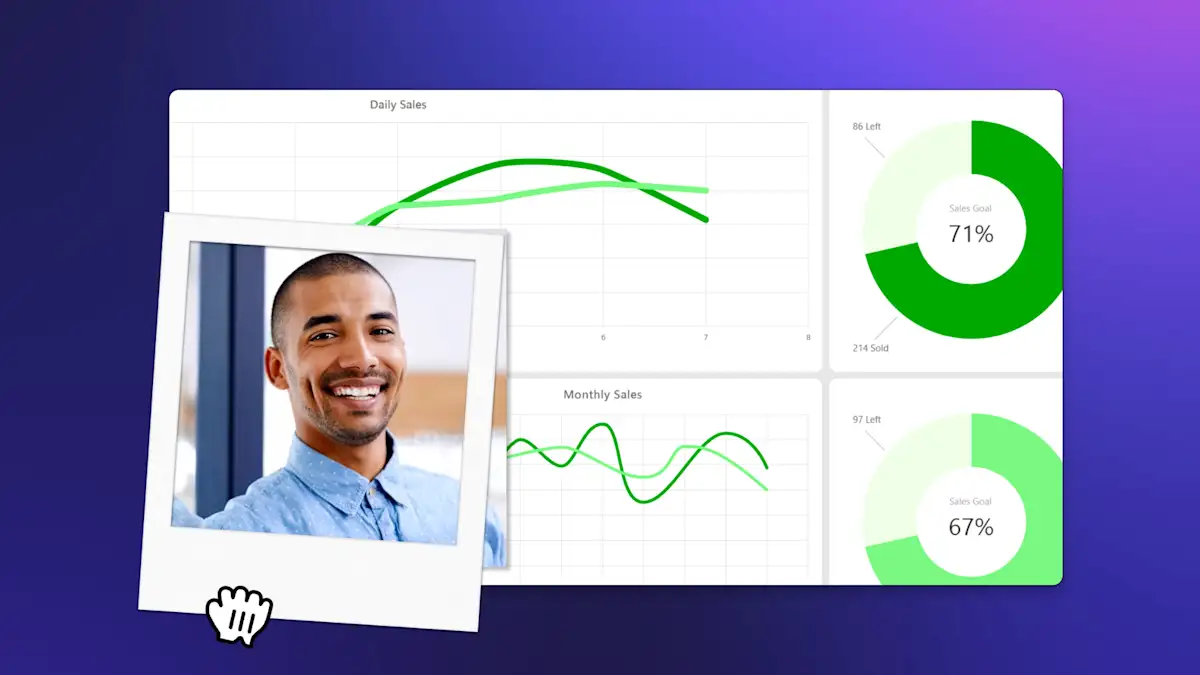 An image of a presentation or graph background overlayed with an image of a tutor. An overlay frame is also added on top of the tutor.