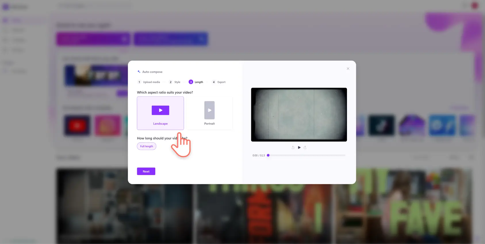 A screenshot of a Clipchamp user choosing an aspect ratio and video length using auto compose.
