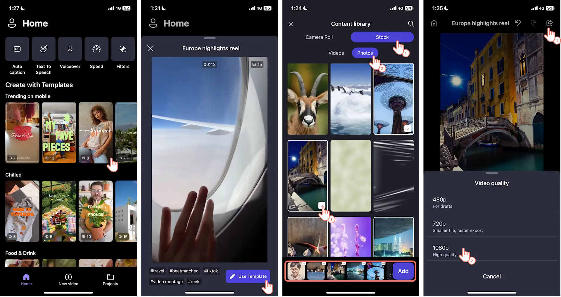 Screenshots of a Clipchamp user using the Clipchamp iPhone app to create a video.