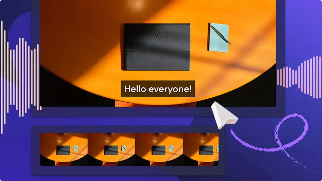Uma imagem de um vídeo com legendas que não apresenta um artista e uma imagem abstrata de uma linha do tempo de edição de vídeo.