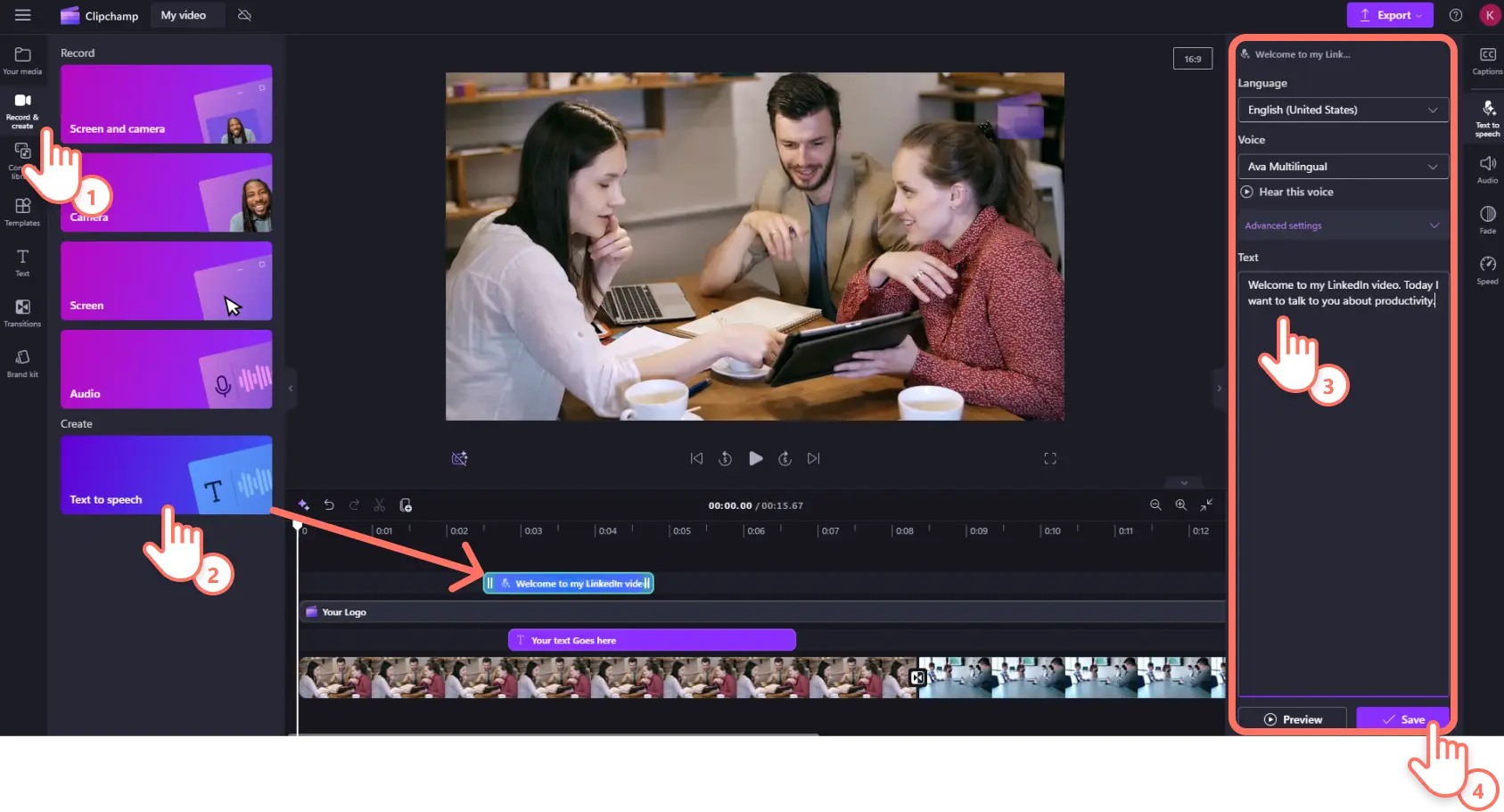 Een afbeelding van een Clipchamp-gebruiker die een AI-voice-over toevoegt aan een video met gebruikmaking van de Tekst-naar-spraak-functie.