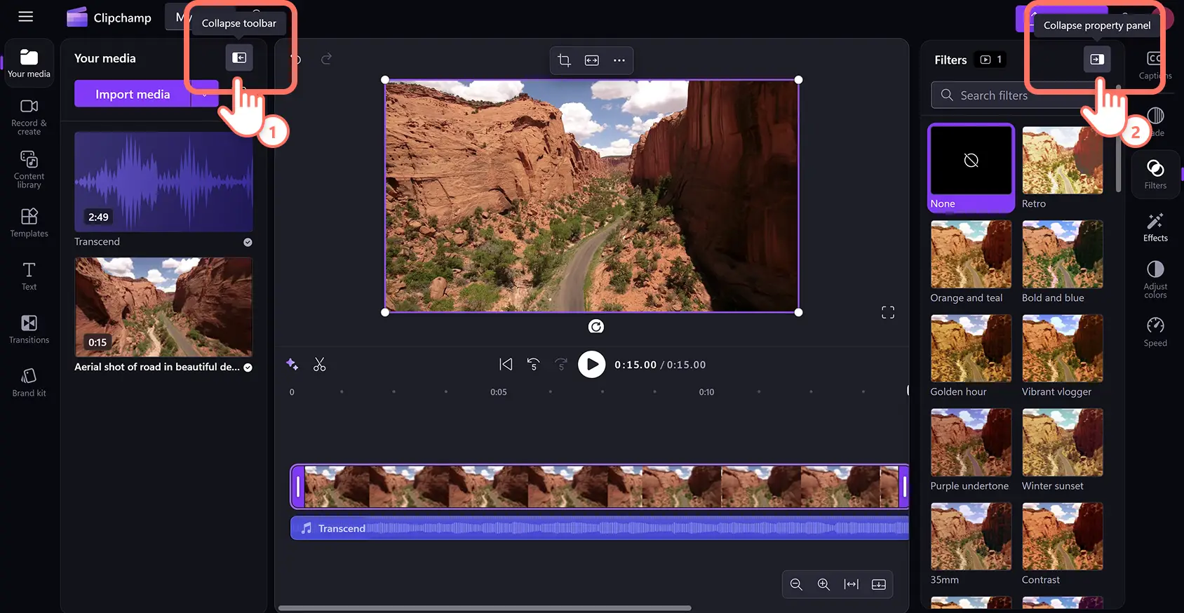 Użytkownik klikający przyciski zwijania paska narzędzi i zwijania panelu właściwości w usłudze Clipchamp.