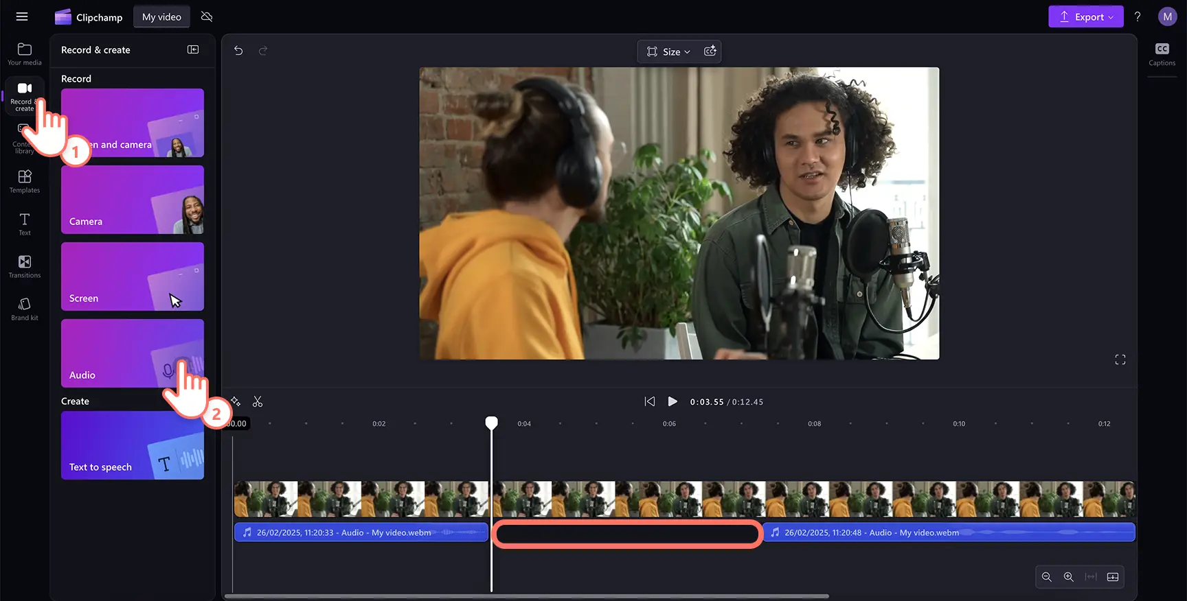 Clipchamp’teki hataları değiştirmek için sesinizi yeniden kaydedin