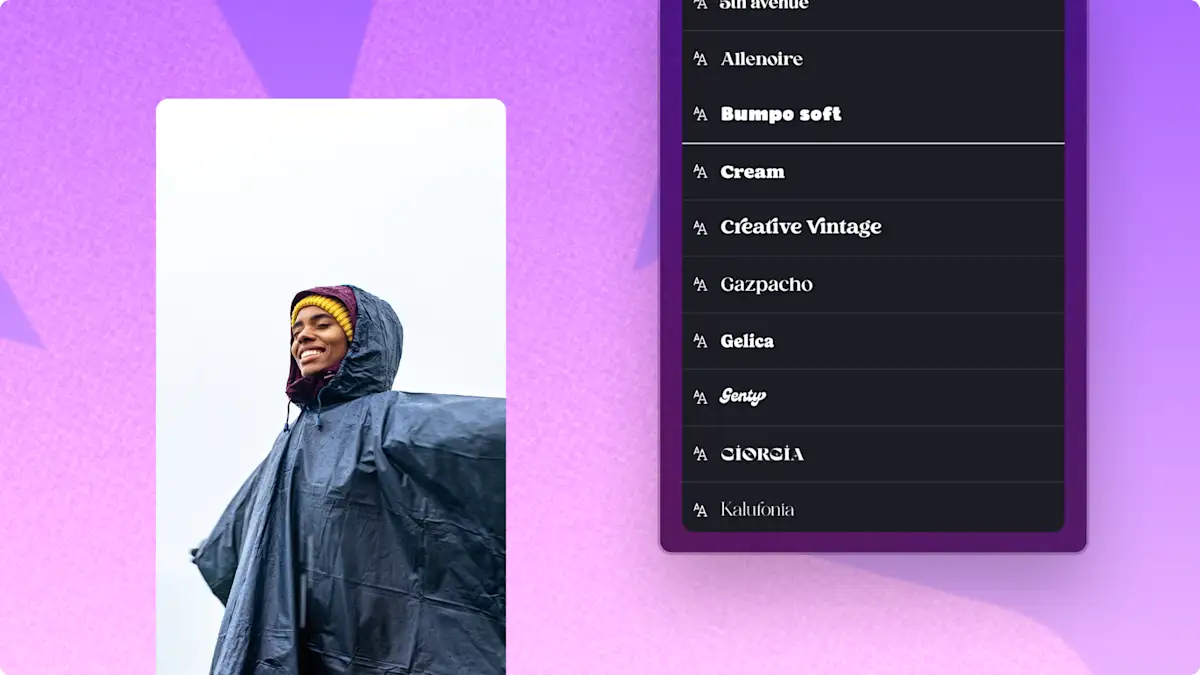 Ein Foto eines abstrakten Dropdownmenüs mit den Microsoft Designer-Schriftarten, die im Clipchamp-Video-Editor verfügbar sind.