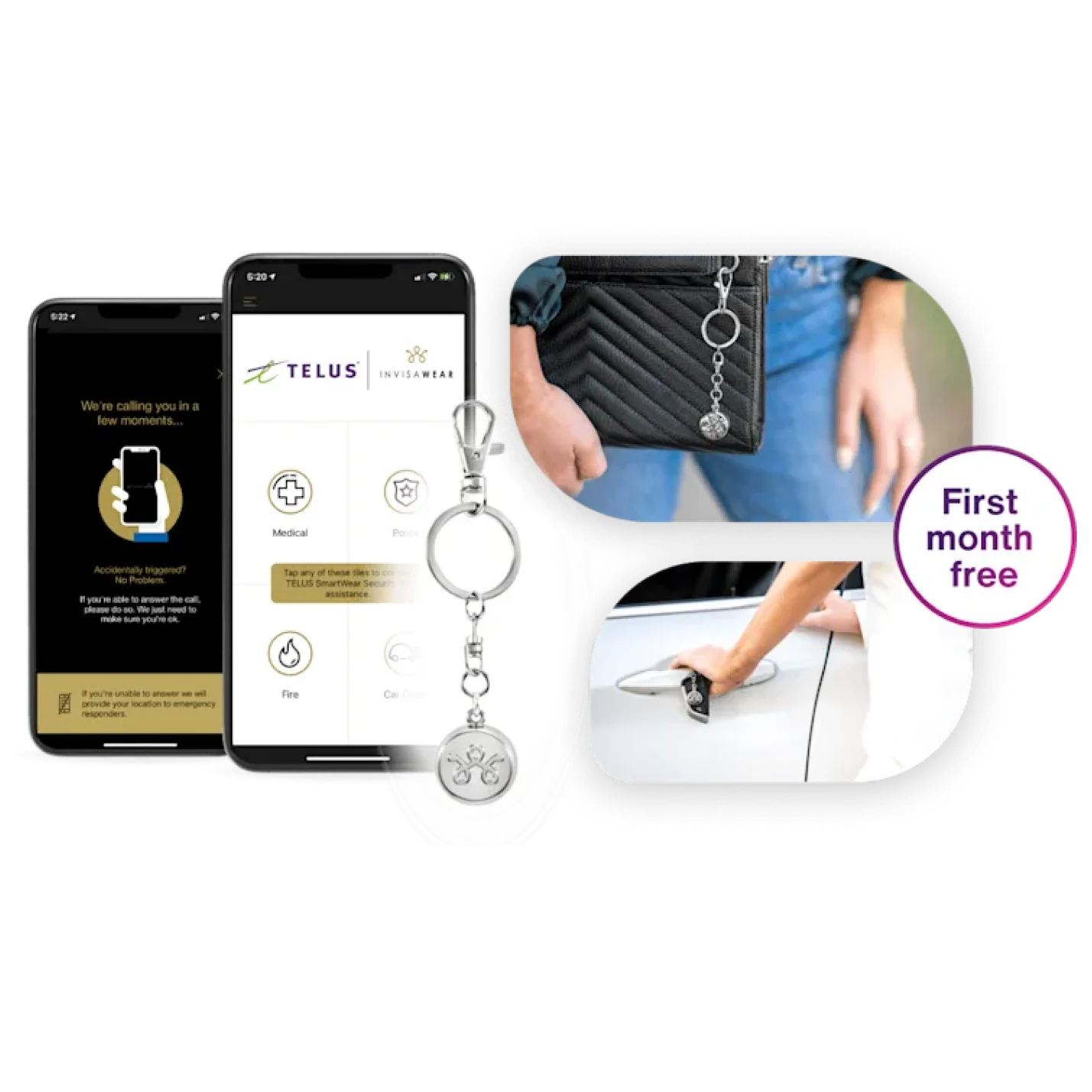 An image featuring a keychain at the center with various types of use and tracking preview on mobile phone.