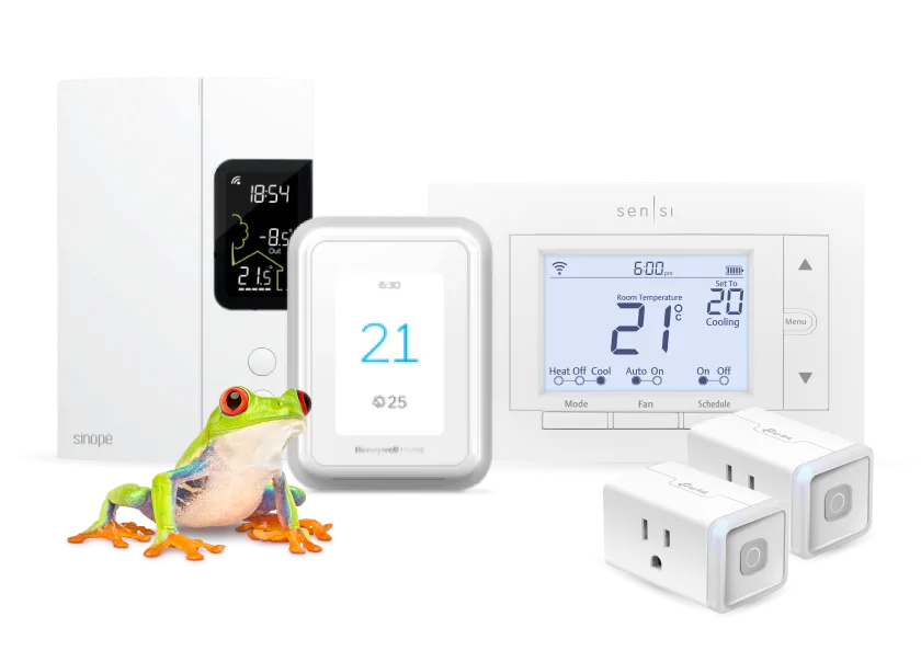 A frog is standing next to various SmartEnergy devices.
