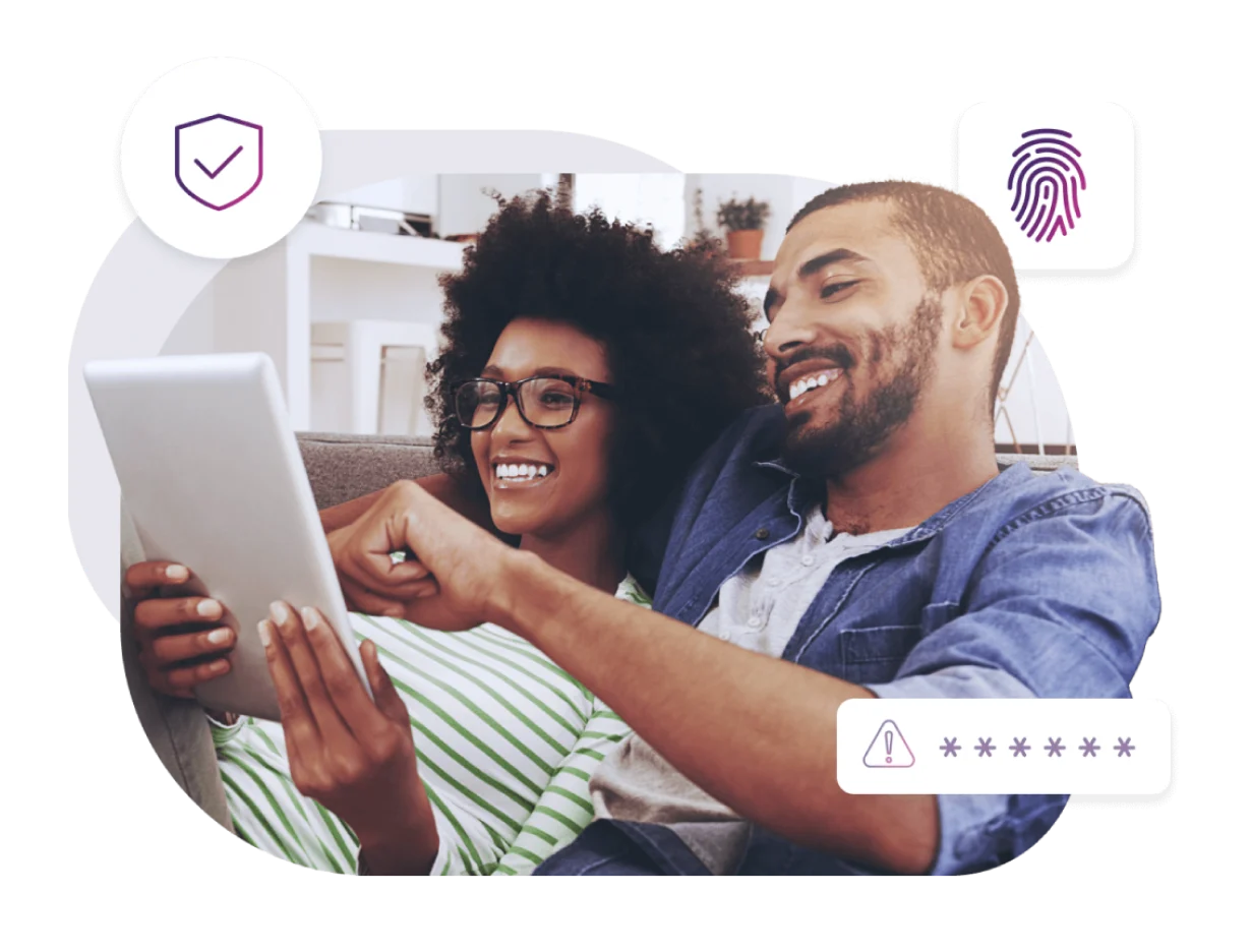 An image showing a couple happily browsing through their tablet including a finger print icon on the right, online security icon on the left and an encrypted password below.