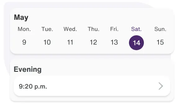 App screenshot of booking calendar with time slot selected.