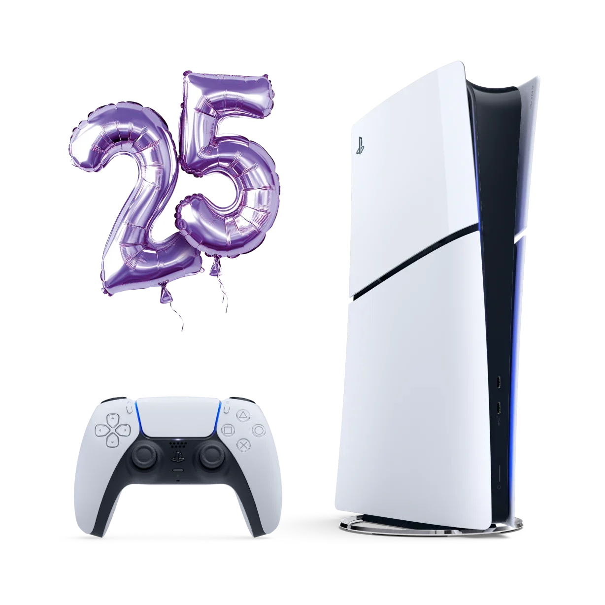 A PlayStation 5 game console and remote control.