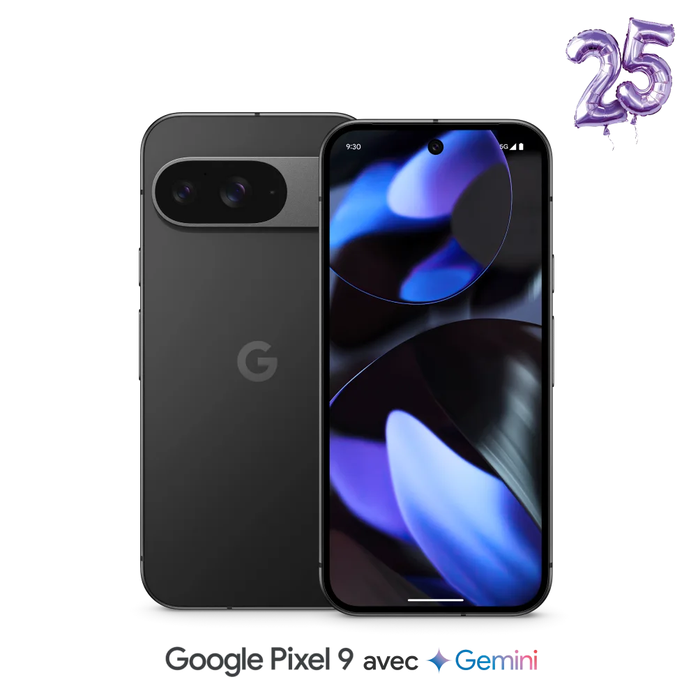 Vue avant et arrière du Google Pixel 9. Deux ballons violets forment le chiffre 25.