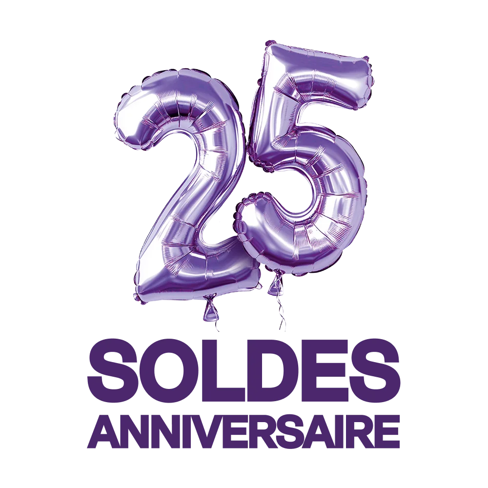 De gros ballons violets et brillants forment le chiffre 25 qui flotte entre du texte « Soldes 25e anniversaire ».