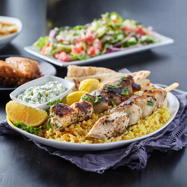Two chicken souvlaki skewers in a plate sitting on top of yellow rice with a side of Tzatziki sauce and lemon wedges