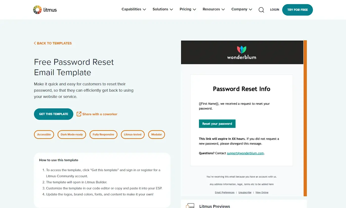 Screenshot of Litmus's password reset email template gated content.