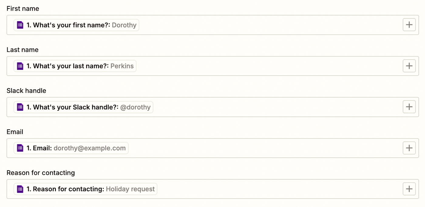 Screenshot of Google forms fields