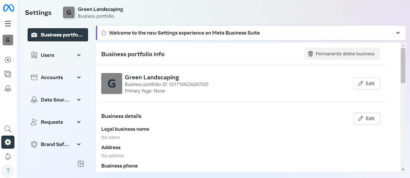 The Settings page after the Meta Business Portfolio setup