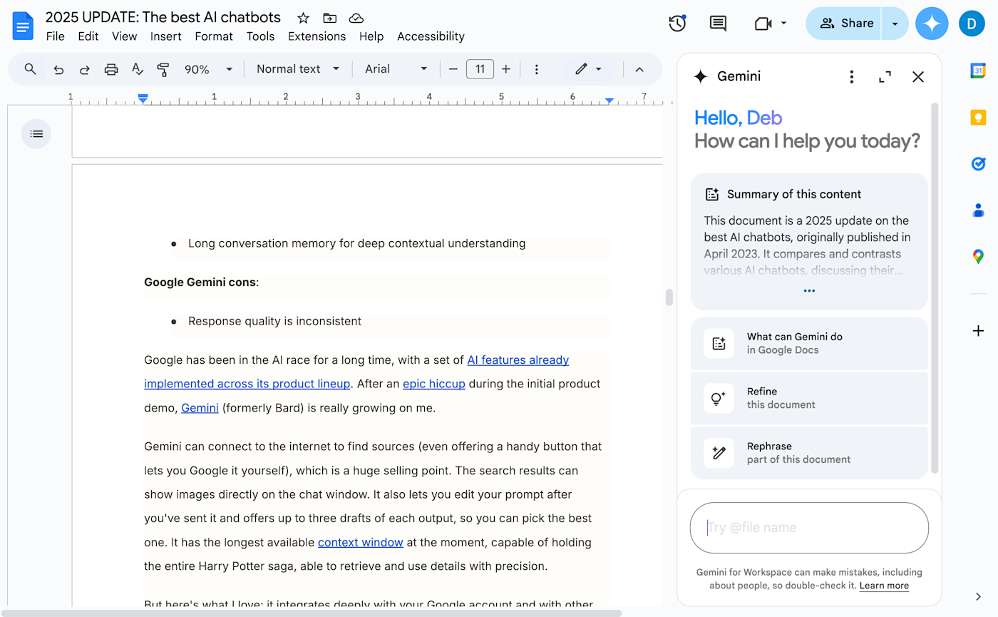 Google Gemini, the best AI chatbot for integration with Google products