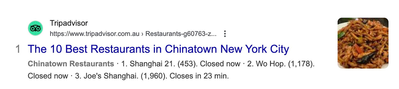 Tripadvisor Google result for the 10 best restaurants in Chinatown New York City