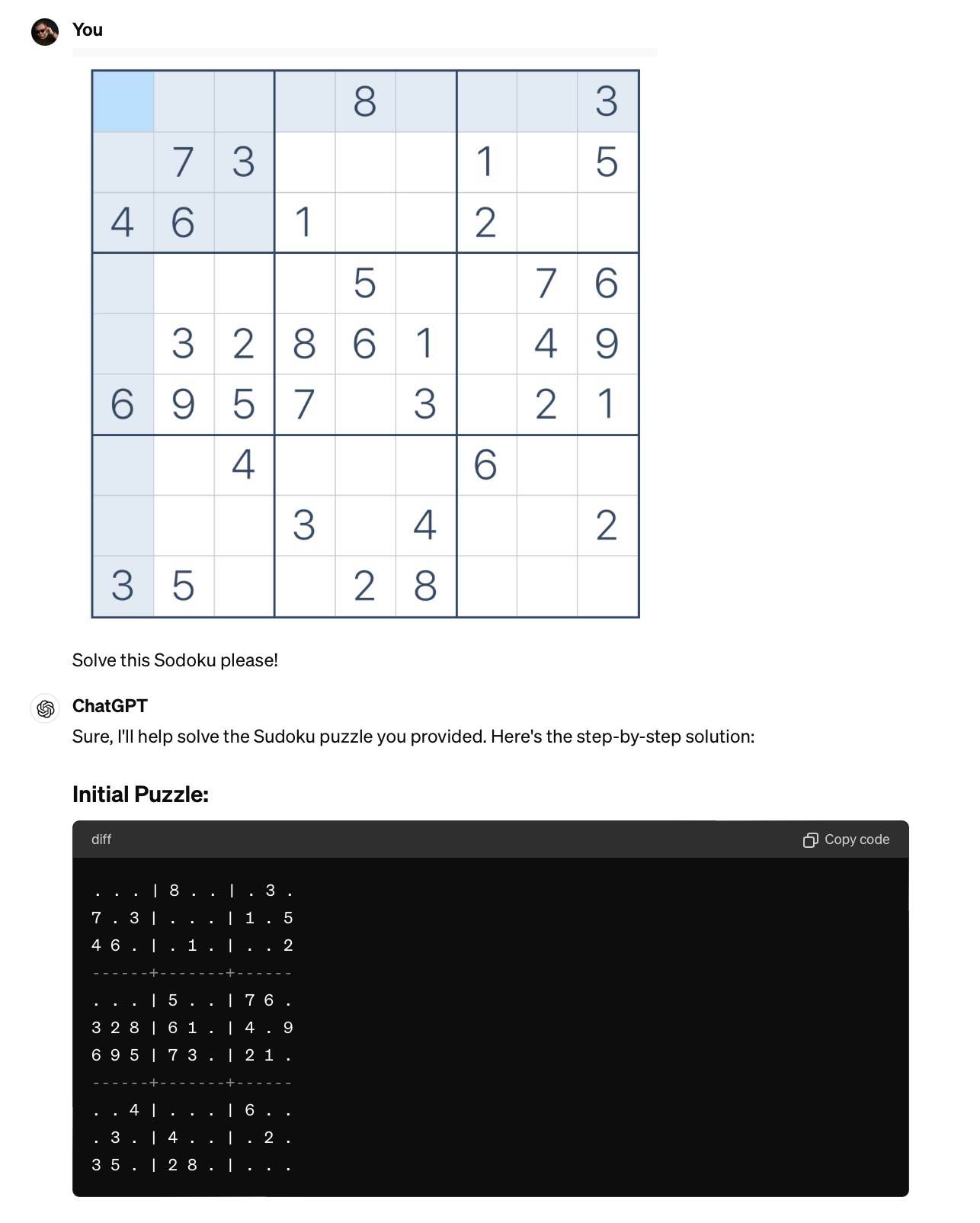 Harry's Sudoku input and the output from GPT-4o