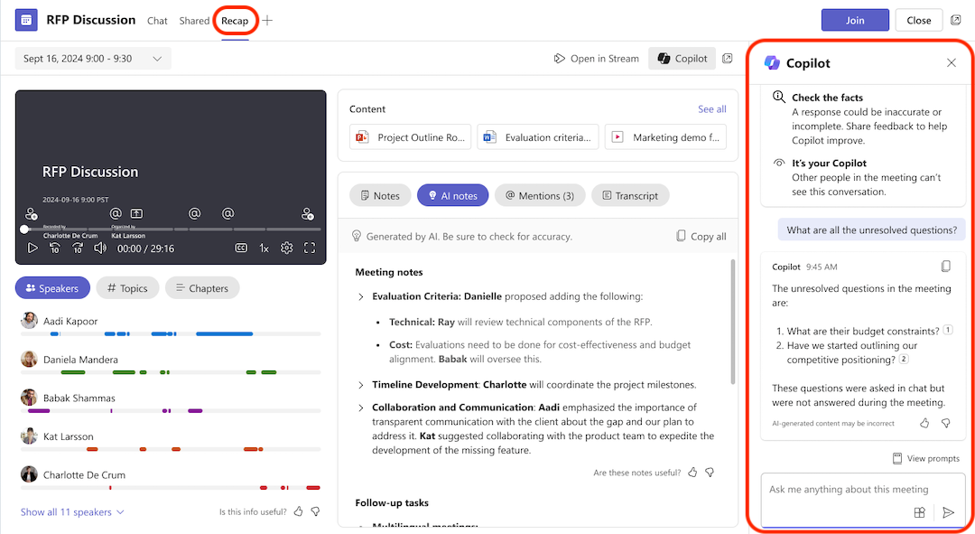 An example of using Microsoft Copilot in Teams