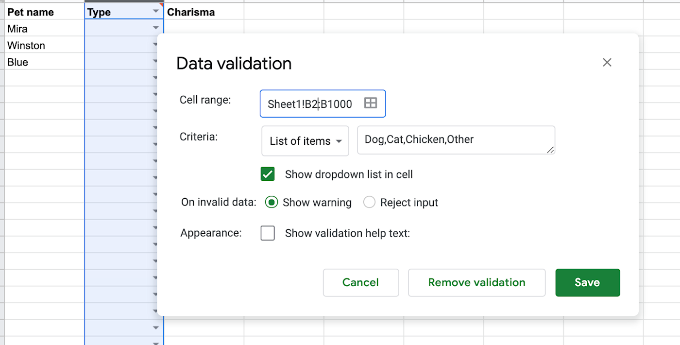 Entering a list of items into data validation
