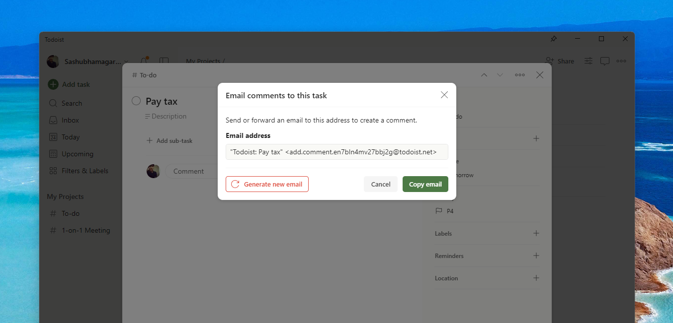 A personalized email address in Todoist